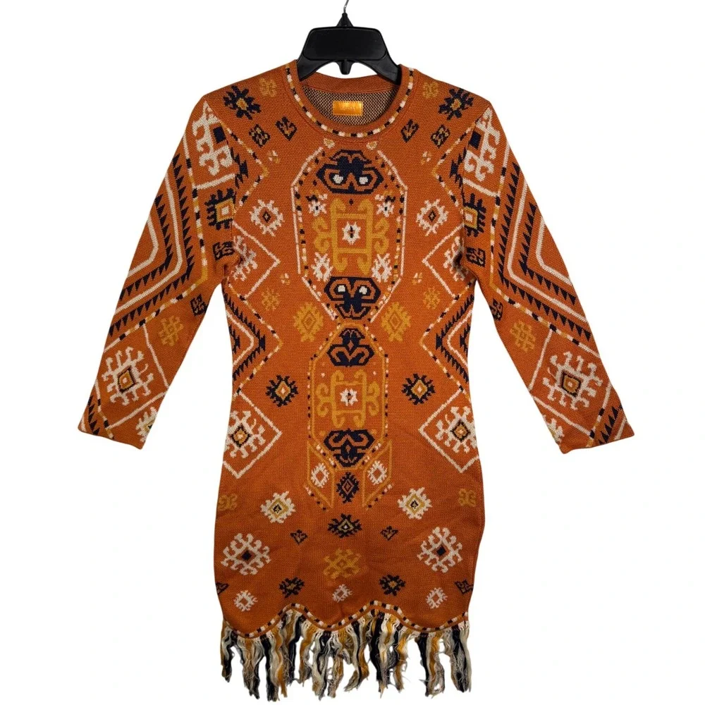 MOTHER Folksy Fringe The 3 Quarter Dress Pima Cotton Intarsia‎ Multi Size S/M